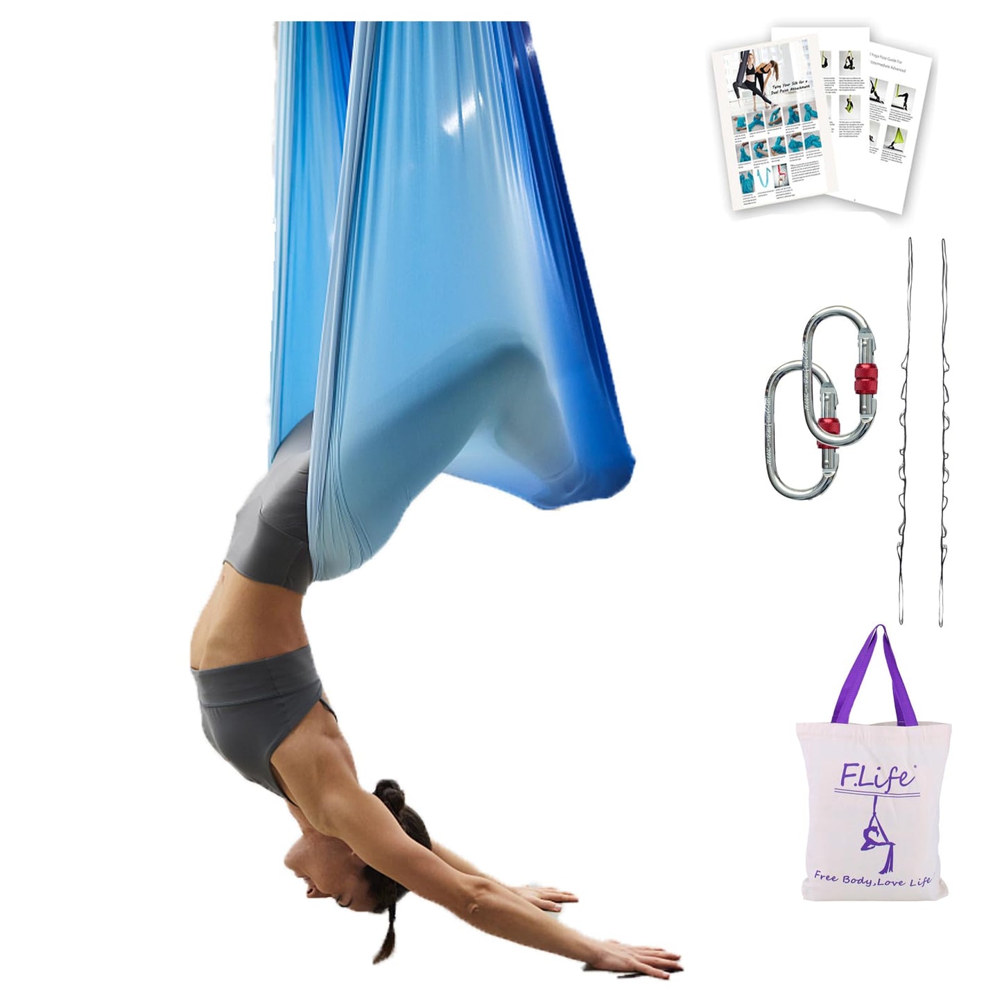 F.Life Aerial Yoga Hammock 6.5 yards Premium Aerial Sling Silk Fabric Yoga Swing for Antigravity Inversion Include Daisy Chain,Carabiner and Pose Guide (Blue Omber)