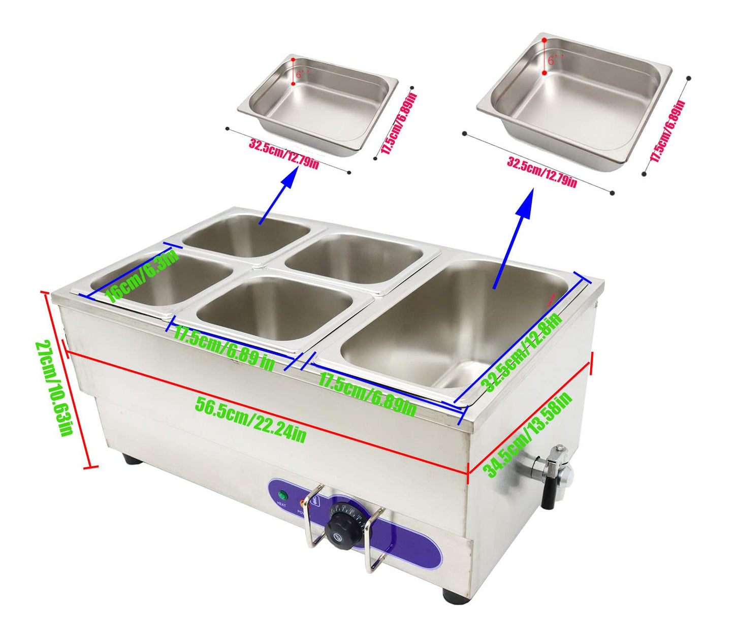 INTSUPERMAI 5 Pots Electric Commercial Food Soup Warmer Canteen Buffet Steam Heater Stainless Steel 110V 1500W 1/6 GN x4+1/3GN x1 6 inch deep Adjustable Temp Restaurants, Catering and Parties