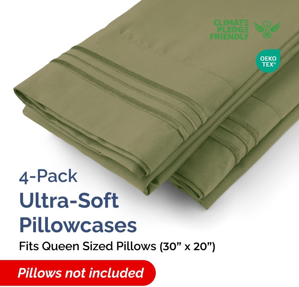 Queen Pillow Cases by [Brand Name] - Ultra Soft Hotel Quality - Wrinkle-Free & Fade Resistant - 4 Piece Set in Sage Green