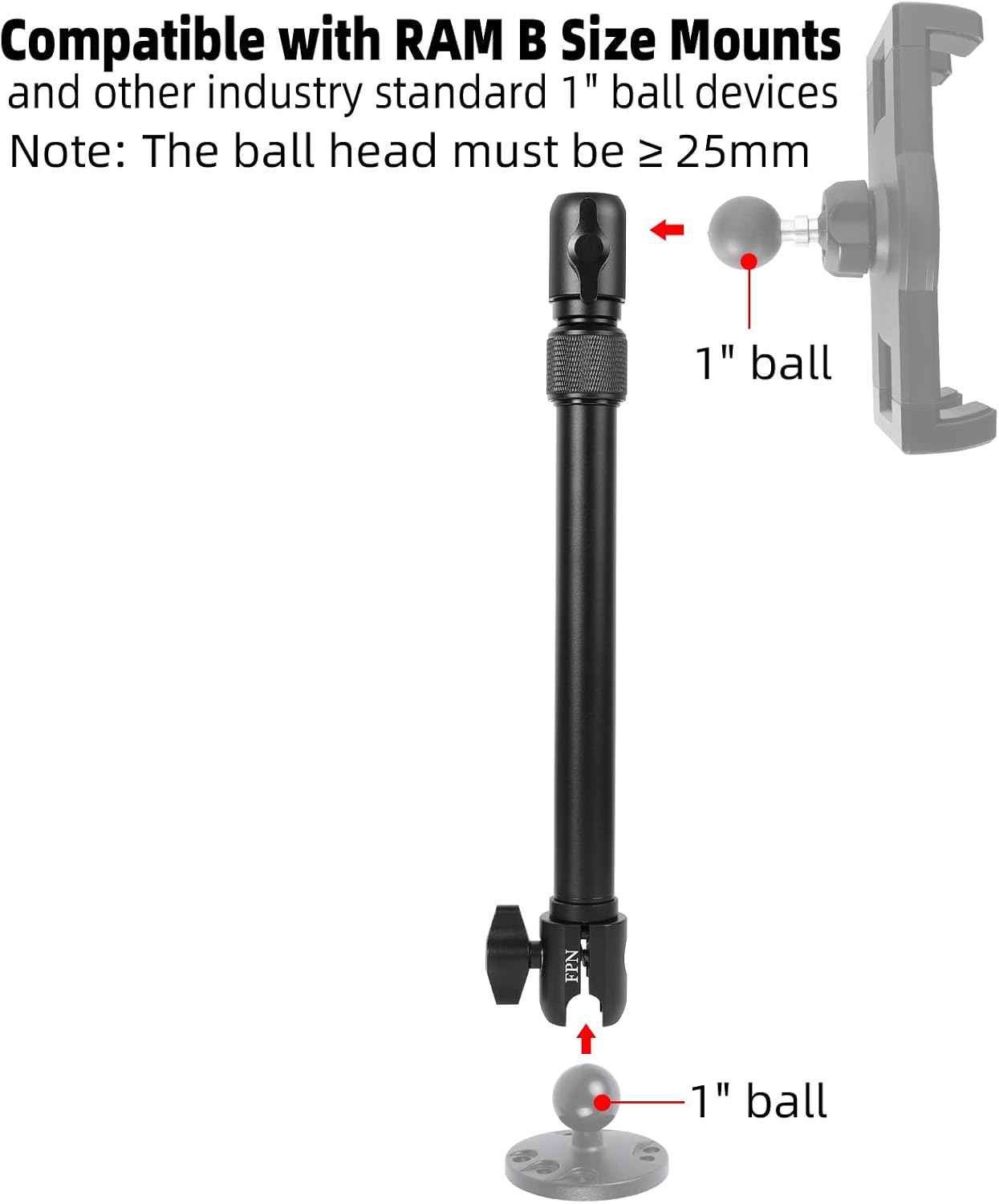 FPN 11.5 17 Inch, 1" 25mm All-Aluminum Extension Double Socket Arm, Adjustable Telescopic Mounting Arm to Compatible