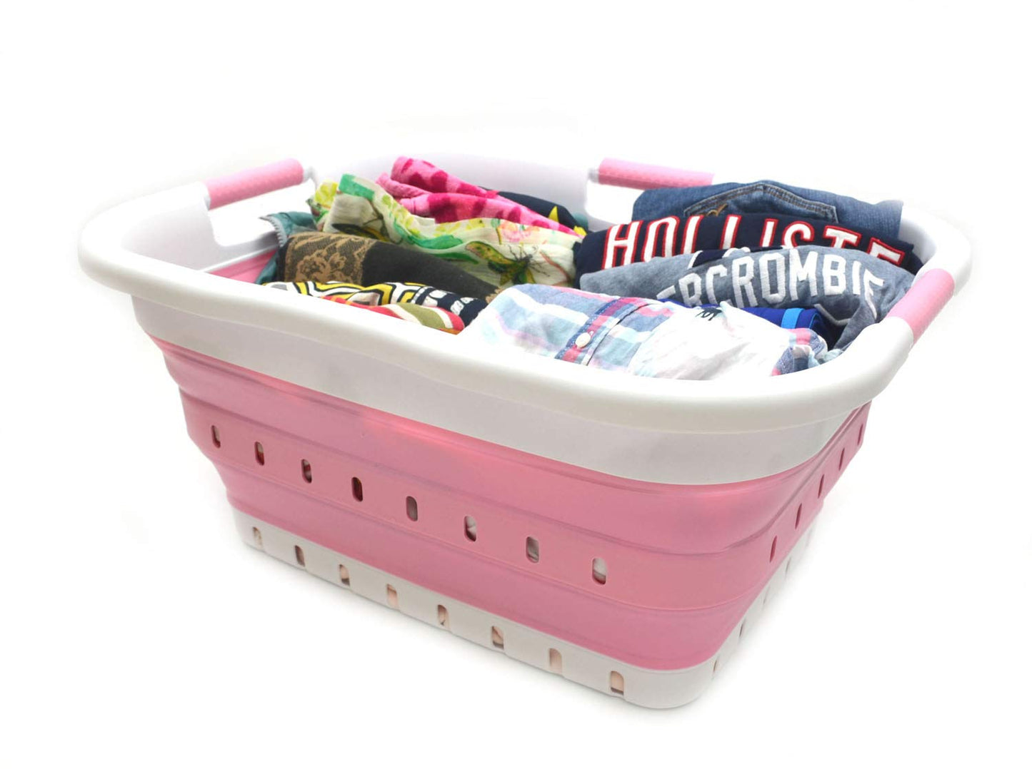 SAMMART 41L Collapsible 3 Handled Plastic Laundry Basket - Foldable Pop Up Storage Container/Organizer - Portable Basket - Space Saving Hamper/Basket (3 handled rectangular, White/Pink)