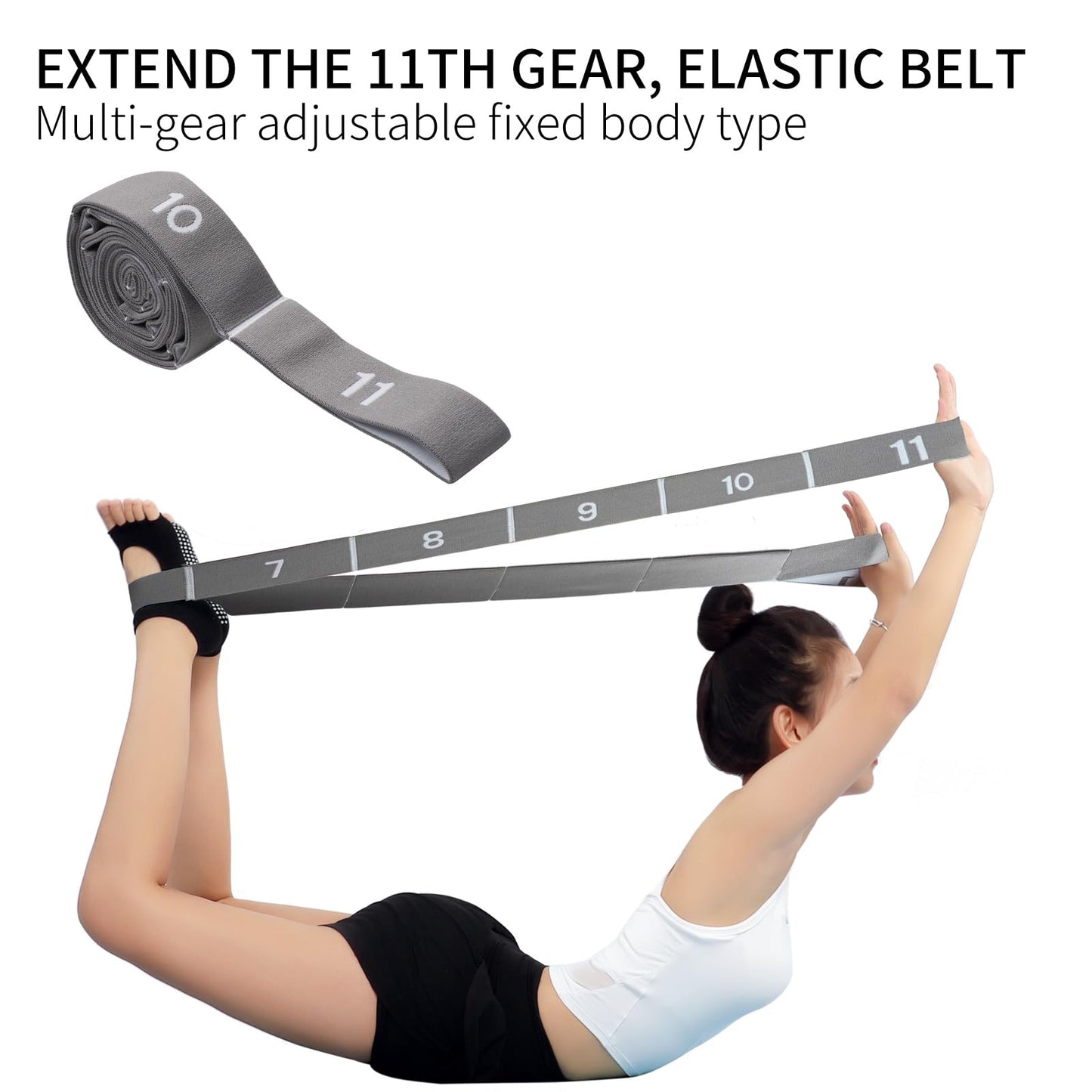 Elastic Stretching Strap with 11 Loops, Adjustable Yoga Strap for Stretching, Physical Therapy, Pilates, Dance, Ballet, Hamstring Stretcher – Non-Slip Fabric Stretch Band for Home Flexibility Workout(Grey)