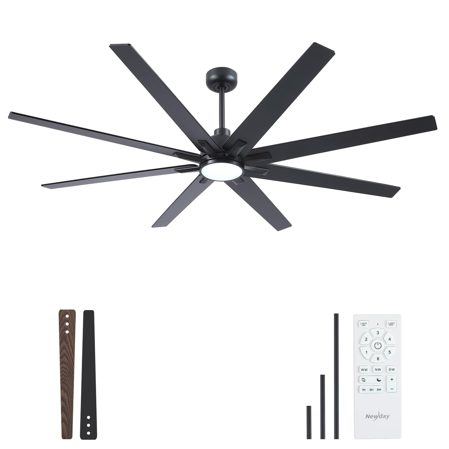 Newday 72 Inch Black Ceiling Fan with Light and Remote, Indoor/Outdoor Silent Reversible DC Motor, 6 Speeds, 3CCT, Timer, 8 Blades, 3 Downrods for Living Room, Patio, Garage