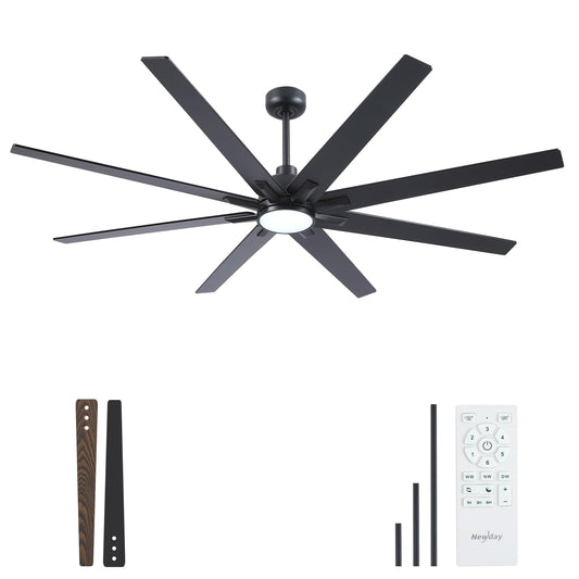 Newday 72 Inch Black Ceiling Fan with Light and Remote, Indoor/Outdoor Silent Reversible DC Motor, 6 Speeds, 3CCT, Timer, 8 Blades, 3 Downrods for Living Room, Patio, Garage
