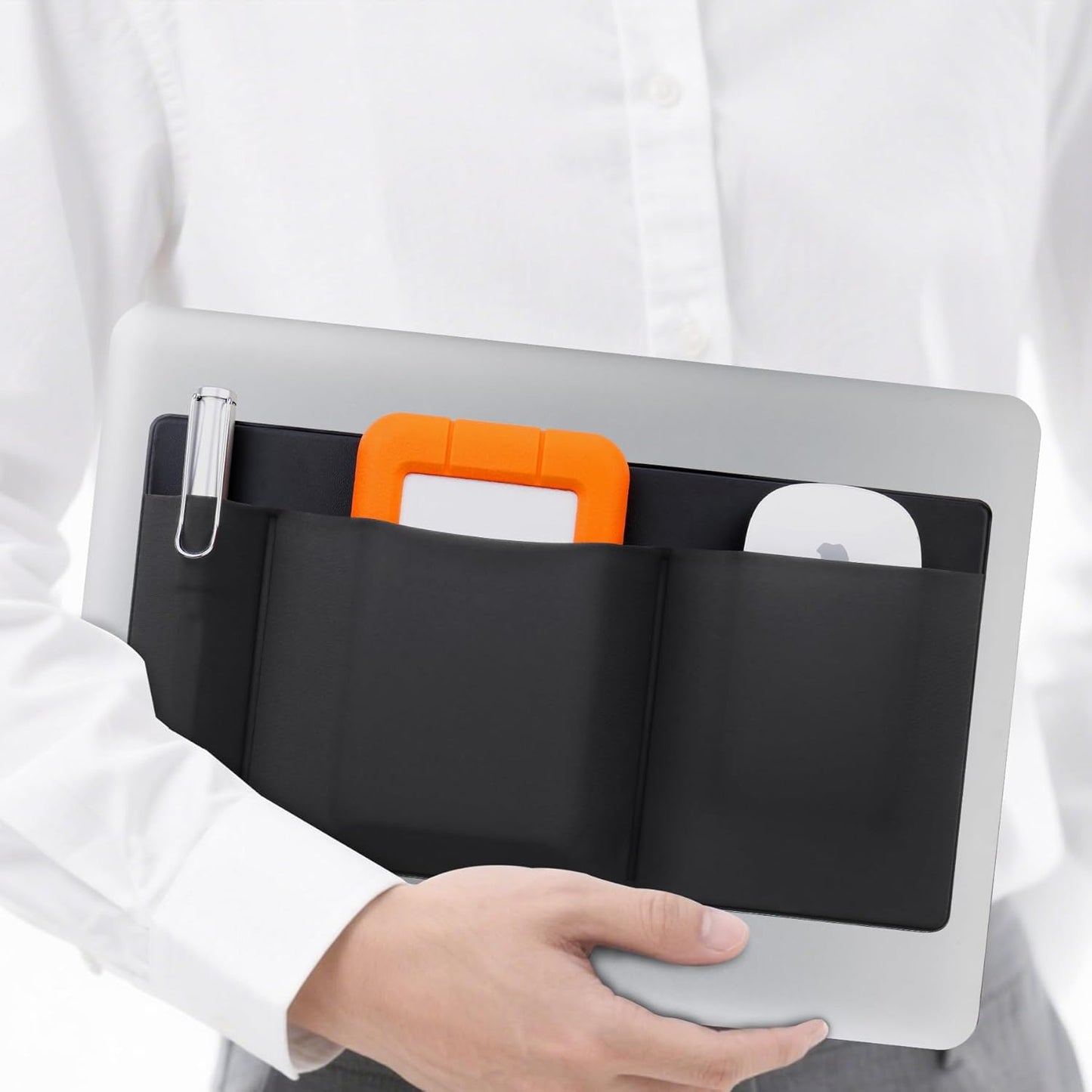 3-Pocket Lacdo Mouse Holder for Laptop Stick on, External Hard Drive SSD Holder for Laptop, Stick on Pouch Organizer