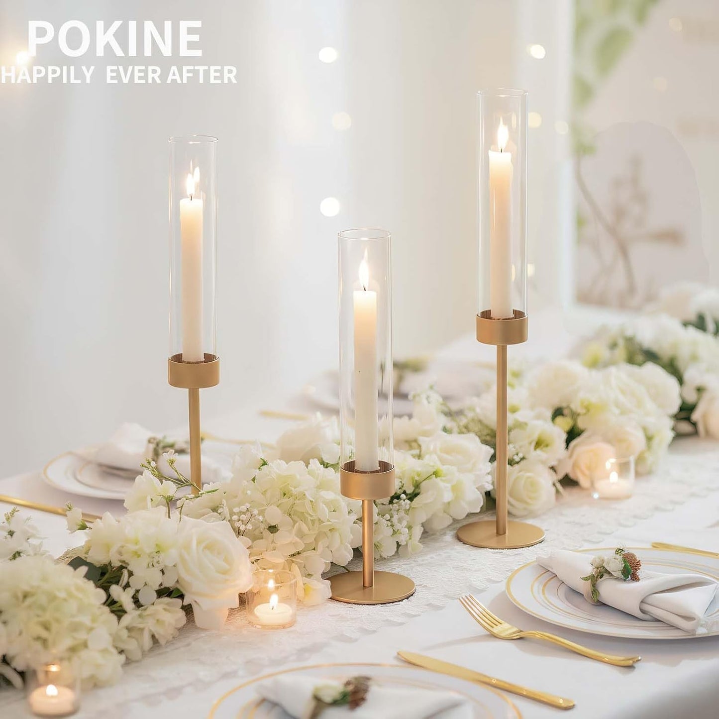 POKINE Tall Candle Holders - Set of 3 Hurricane Glass Taper Holders for Weddings & Parties