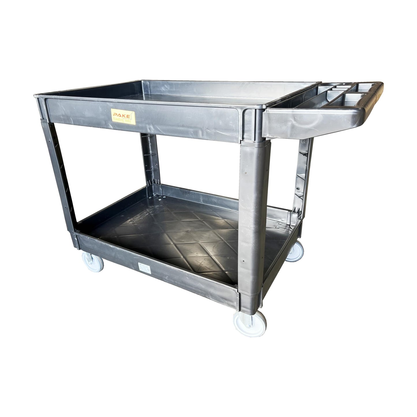 Plastic Utility Cart, 45-1/2" L x 25-1/2" W with Handle 2 Shelves, 550lb Cap. Heavy Duty 2 Swivel 2 Rigid Wheels, Large Lipped Shelf, Ergonomic Storage Handle for Warehouse/Garage/Cleaning