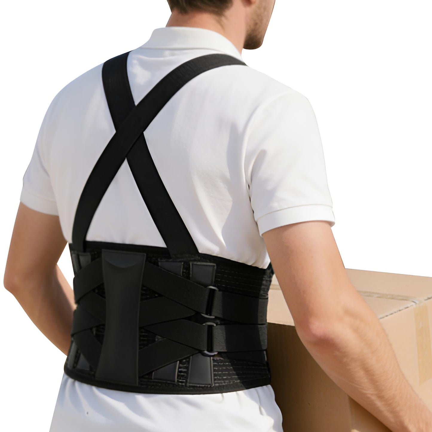 QFE Work Back Brace Lower Back Support Belt Posture Corrector for Women and Men Upper Pain Workout Lumbar Waist Shoulder Straightener Adjustable with Suspenders Protection Lifting Moving X-Large