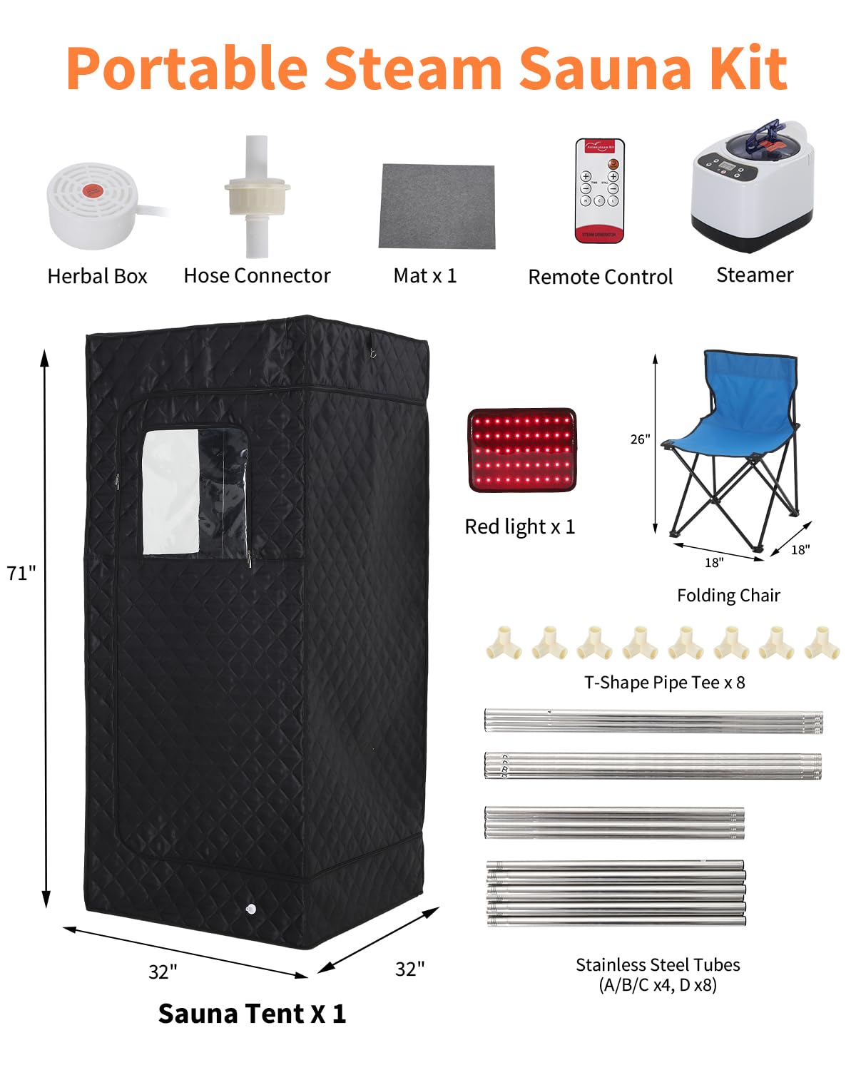 Garvee Infrared Sauna, Portable Sauna for Home with 3L 1200W Steamer, Folding Chair, Remote Control, 9 Temp Levels & 99 Min Timer, 32" x 32" x 71", Black