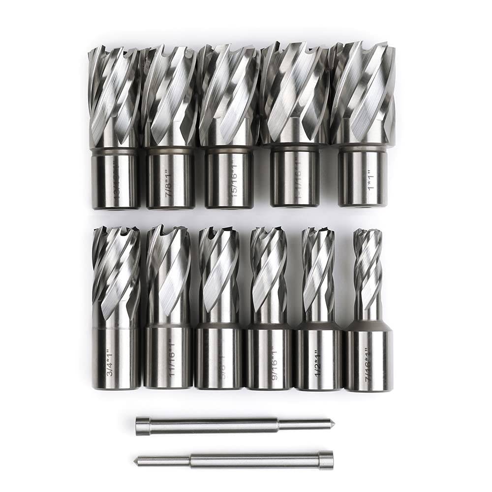 OSCARBIDE Annular Cutter Set 13pcs,1" Cutting Depth,3/4" Weldon Shank, 7/16 to 1-1/16 inch Cutting Diameter Mag Drill Bits for Magnetic Drill Press with 2 pcs Pilot Pins