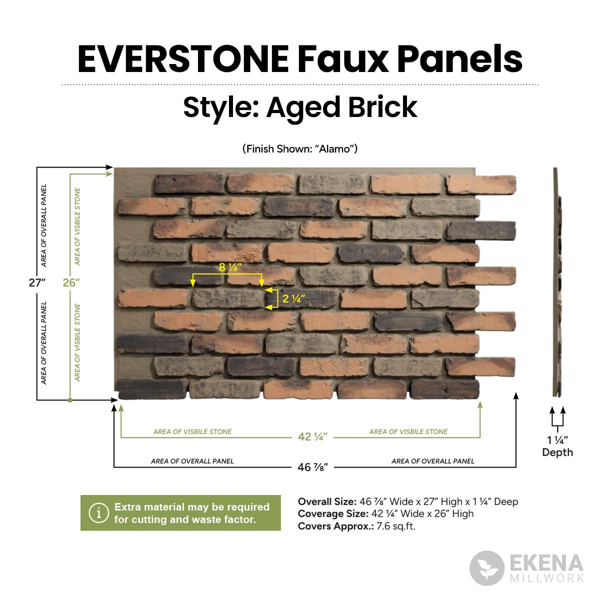 EverStone Aged Brick Faux Brick Panel, 46 7/8"W x 27"H x 1 1/4"D, Burnished Red Color