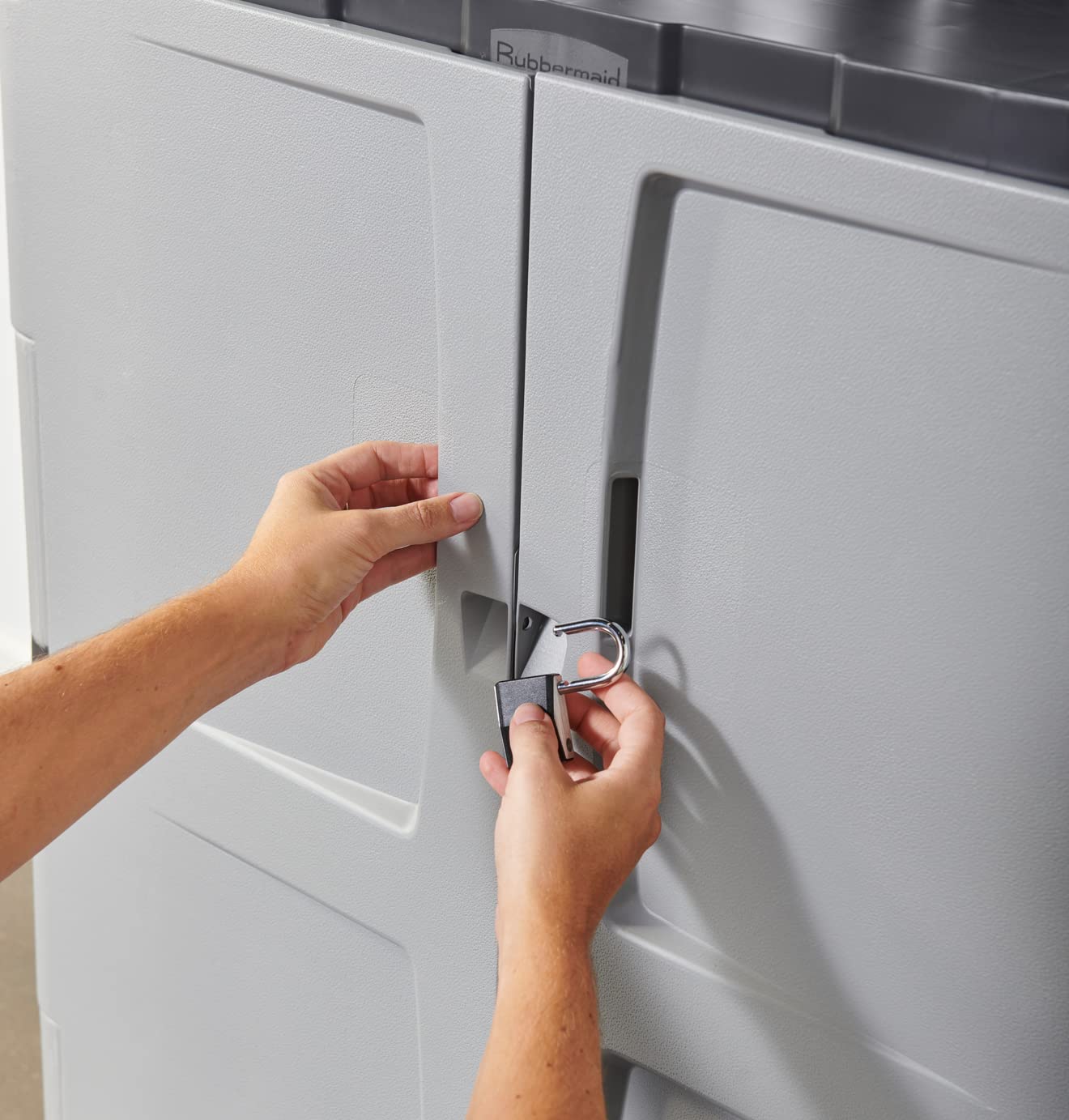 Rubbermaid Freestanding Storage Cabinet with Doors 18"D x 36"W x 37"H Medium Gray/Black Two-Shelf Lockable Cabinet for Indoor/Outdoor/Garage Storage for Garden Tools/Lawn Care Accessories