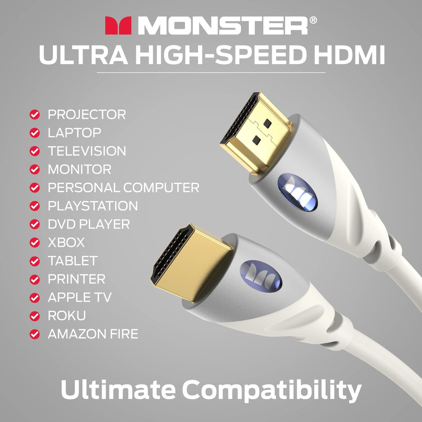4k 24k PS3 6 Monster HDMI Cable Ultra HD with Ethernet - Corrosion-Resistant Rose Gold Contacts and V-Grip Connection