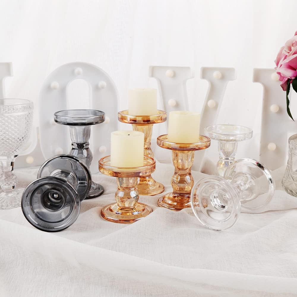 Skiennix Glass Candlestick Set - Elegant Crystal Holders for Weddings & Home Decor | 6 Pieces, Clear