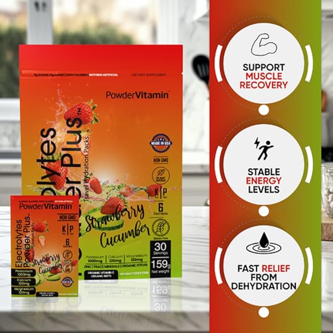 PowerVitamin Electrolytes Powder Packets - Strawberry Cucumber - Keto Electrolytes for Daily Energy - Hydration Powder with 1000mg Potassium, 120mg Magnesium, Zero Calories - 30 Hydration Packets