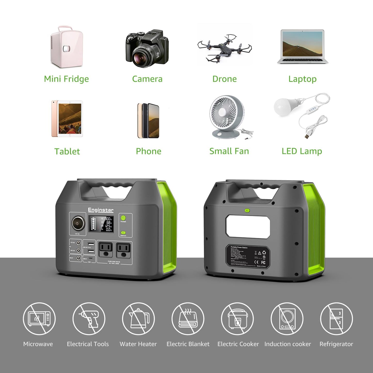 EnginStar Solar Generator, 300W Portable Power Station, 296Wh Lithium Battery Backup w/Two 110V Pure Sine Wave AC Outlet for Camping Road Trip RV, 80000mAh Sufficient Power Supply for Blackout