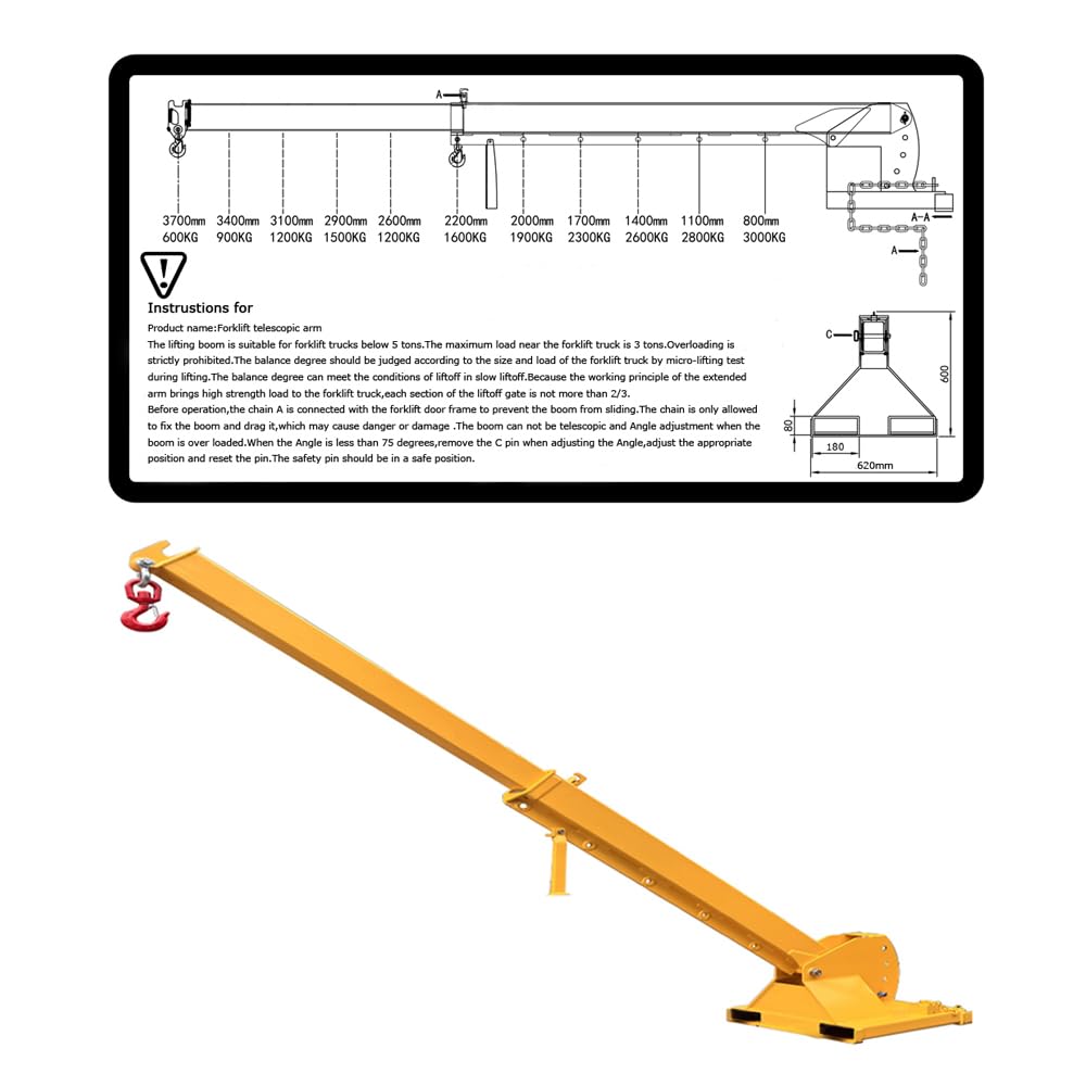 EQCOTWEA Adjustable Forklift Jib Boom Crane, 84-144inches Telescopic Boom Mobile Lifting Attachment, 0-75° Adjustable Tilt, 3T/6600LB Capacity, Forklift Extension Towing Handling Equipment