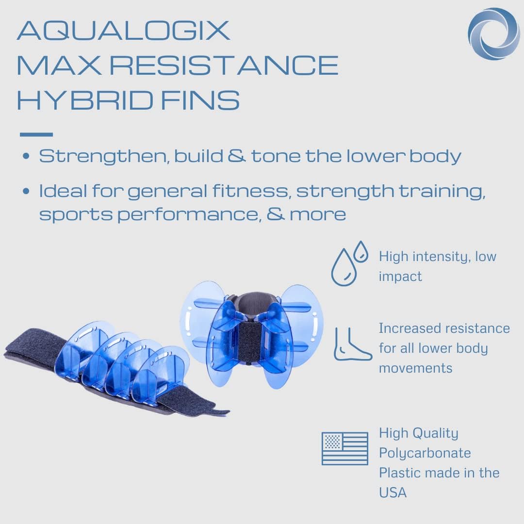 Aqualogix High Resistance Hybrid Aquatic Exercise Fin Set - Blue | Aquatic Cuffs | Quick Start Guide | Leg Water Weights | Strength & Swim Training | Pool Exercise Equipment | Pair (HRPCFIN)