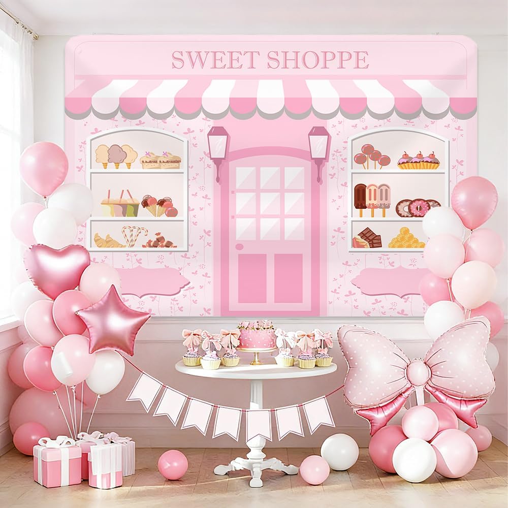 MEHOFOND 7x5ft Pink Sweet Shoppe Backdrop Dessert Parlor for Girls Birthday Photography Background Kids Party Banner
