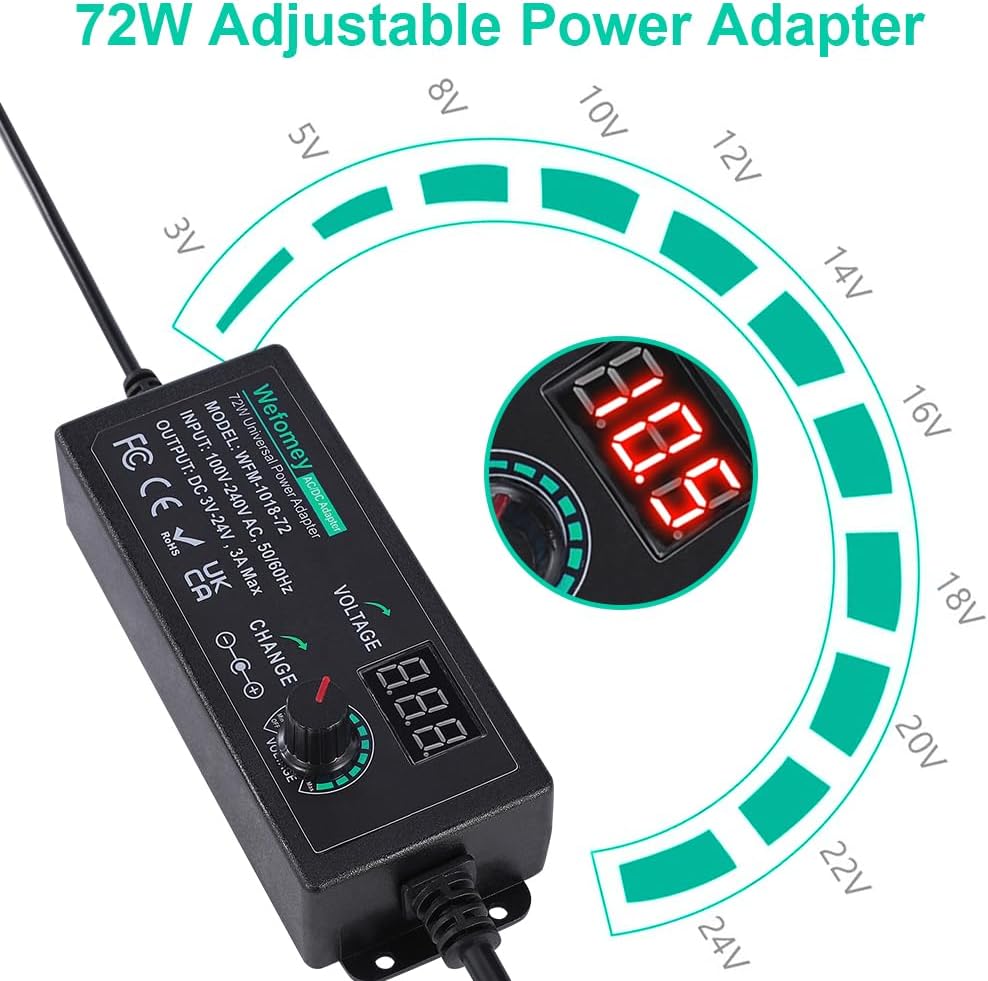 Wefomey 3V~24V 3A 72W 3V 5V 9V 12V 18V 20V 24V 100V-240V 14 4-Way Universal Power Supply Adjustable Variable AC/DC