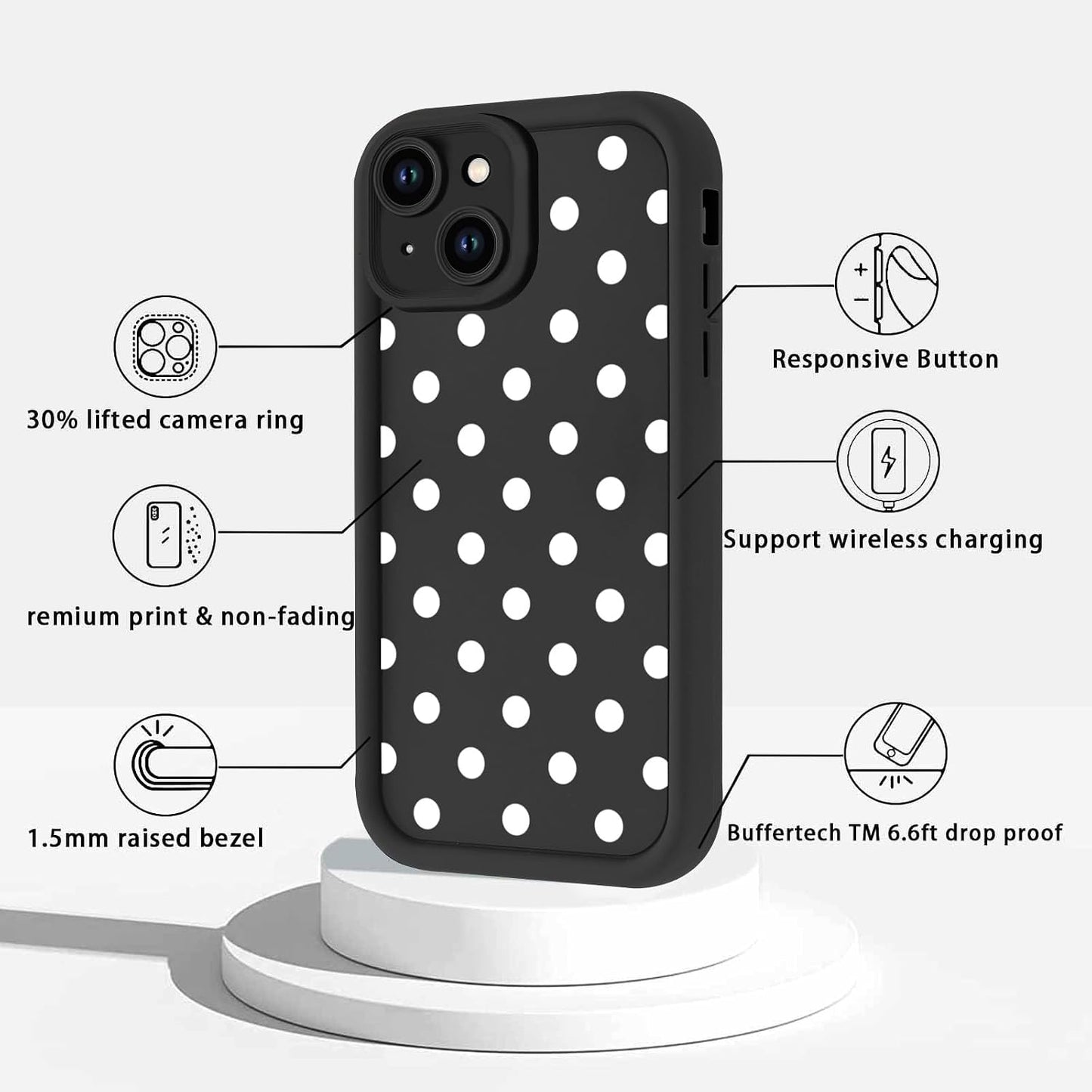 Aoldimu 15 6.1",Simple 15,Black Polka Dot Phone Case for iPhone Trendy Polkadot Pattern Cases Aesthetic Design Cover