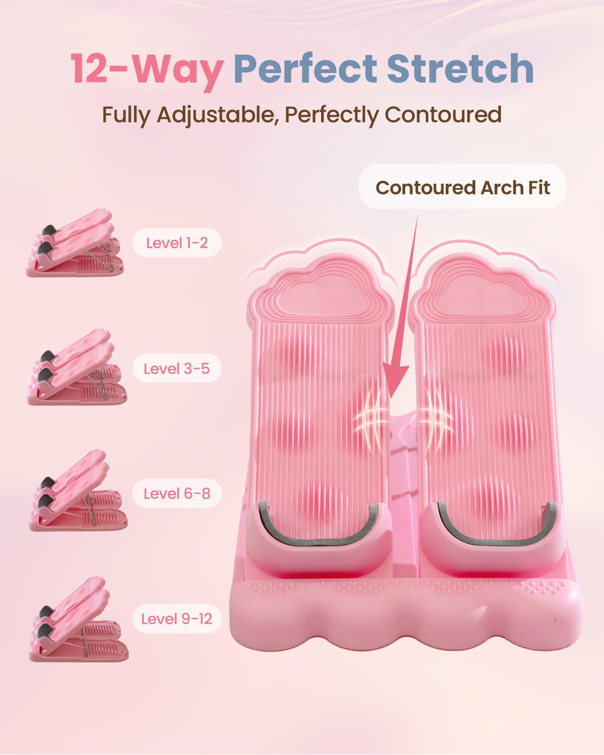 kisnbld 3-in-1 Slant Board & Calf Stretcher, 12-Level Adjustable Incline Board with Integrated Foot Massager & Resistance Bands, Calf Stretch Board for Pain Relief & Balance Exercise Trainer, Pink