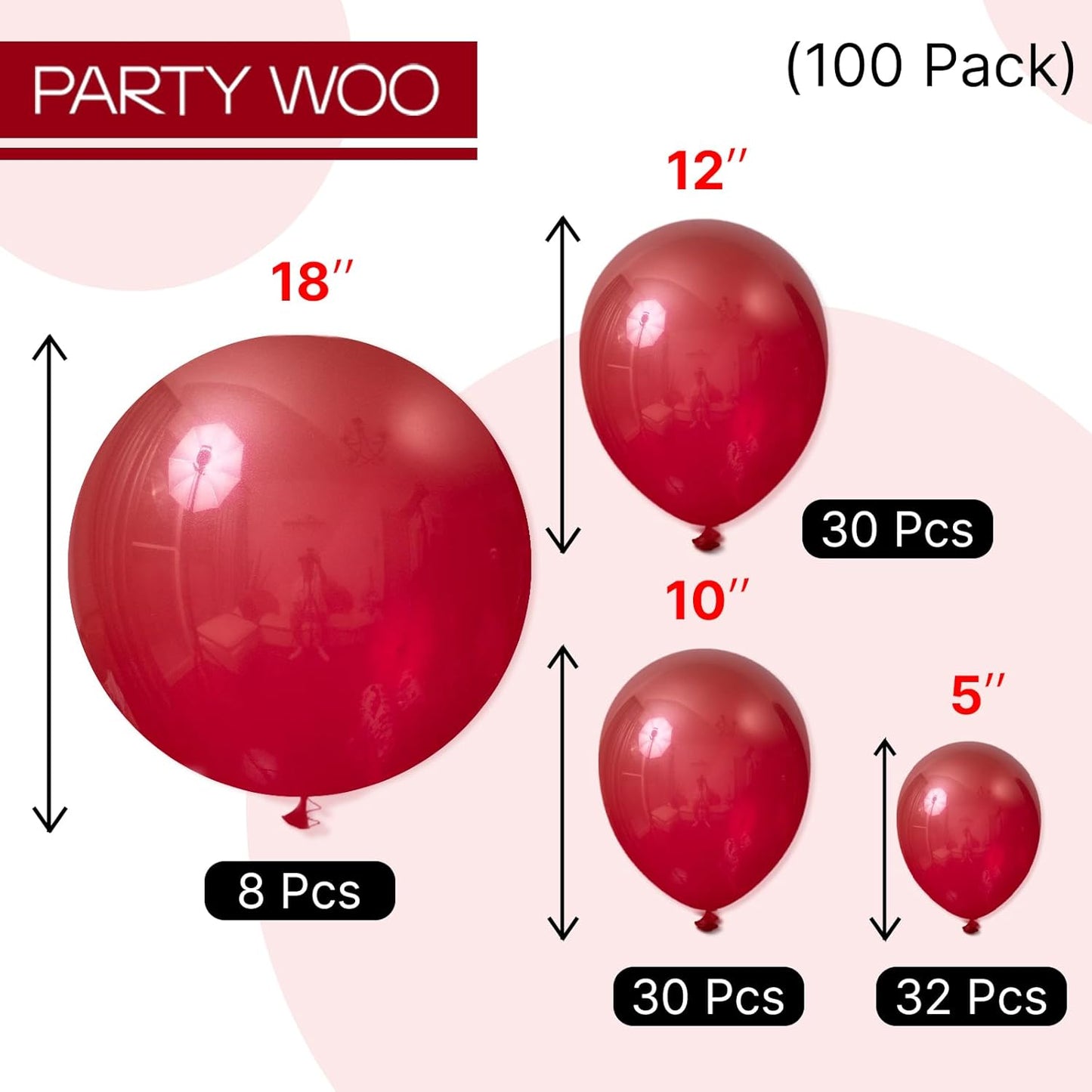 PartyWoo Burgundy Balloons - 100pcs Dark Red Balloon Arch Kit | 18", 12", 10", 5" Sizes for Celebrations