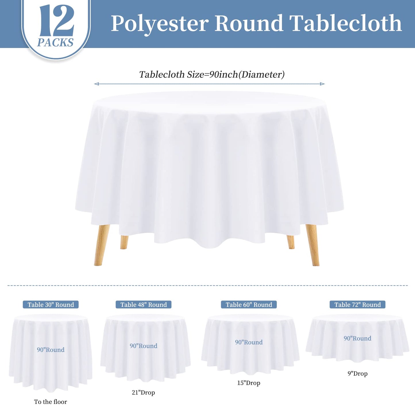 Pesonlook 12 Pack Round Tablecloth White Polyester Table Cloths 90 Inch Washable Fabric Round Table Cover White Tablecloth for Wedding/Party/Banquet