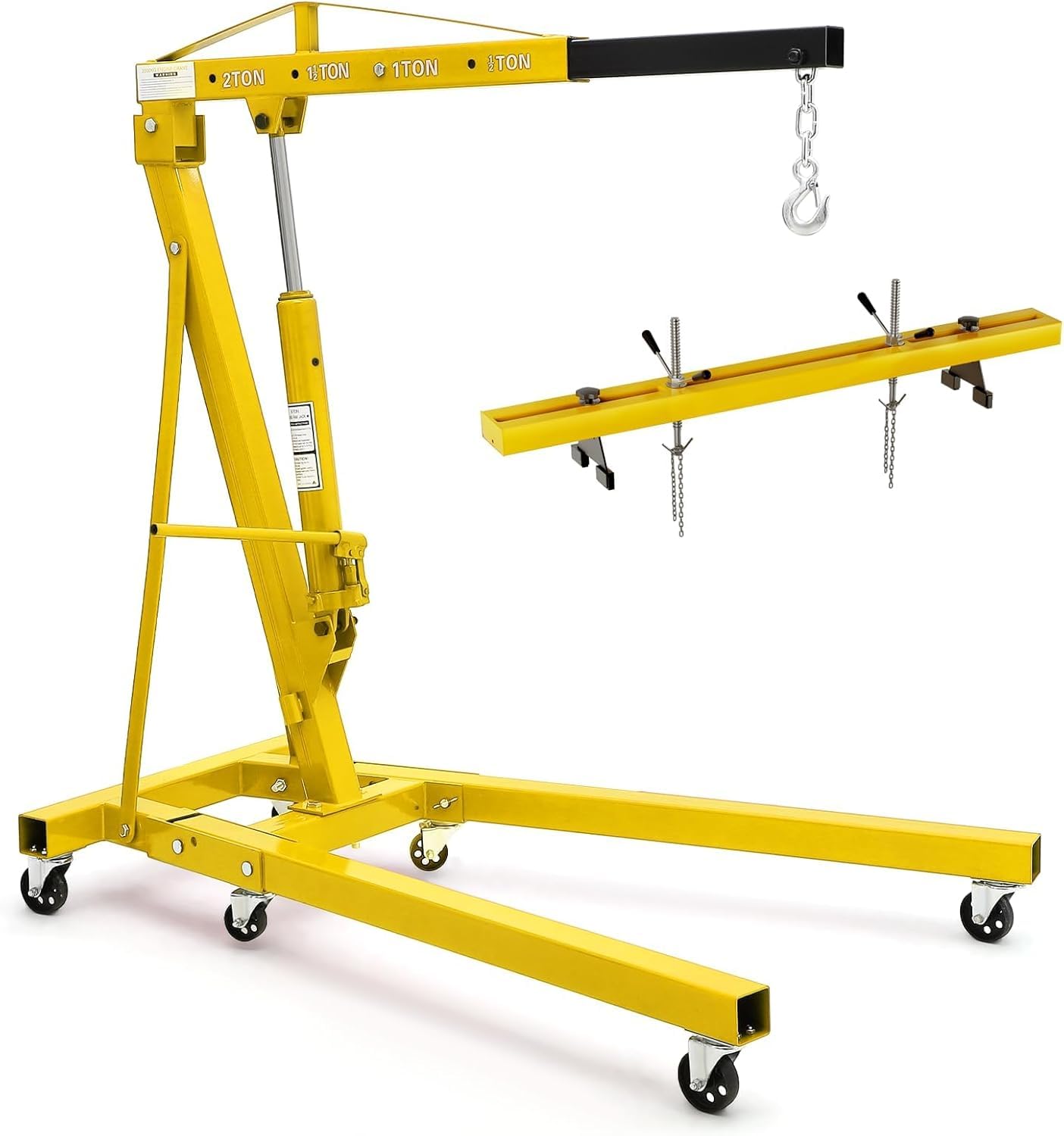 2 Ton Folding Hydraulic Engine Hoist with 59 in Load Leveler 4400 LBS Capacity Heavy Duty Cherry Picker 6 Swivel Wheels,Engine Support Bar 1100 LBS Capacity for Garage Workshop Warehouse Yellow
