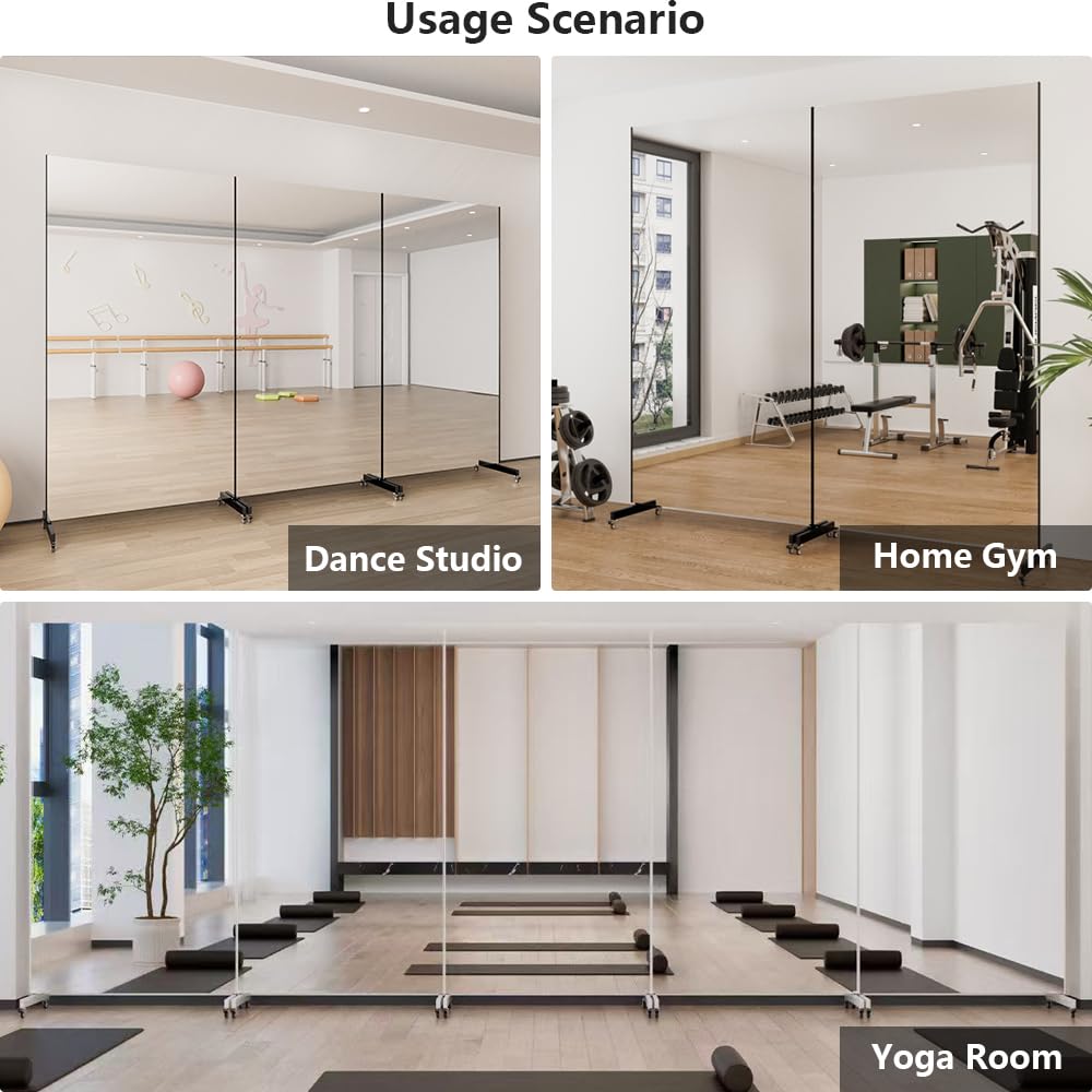 HDmuxel Full Length Mirror with Wheels, 71 "x 40", Black, Nano Film Surface Without Glass, shatterproof, Safe, Lightweight, only 13lbs Easy to Move and Install, for Home Gym, Dance & Yoga Studios.