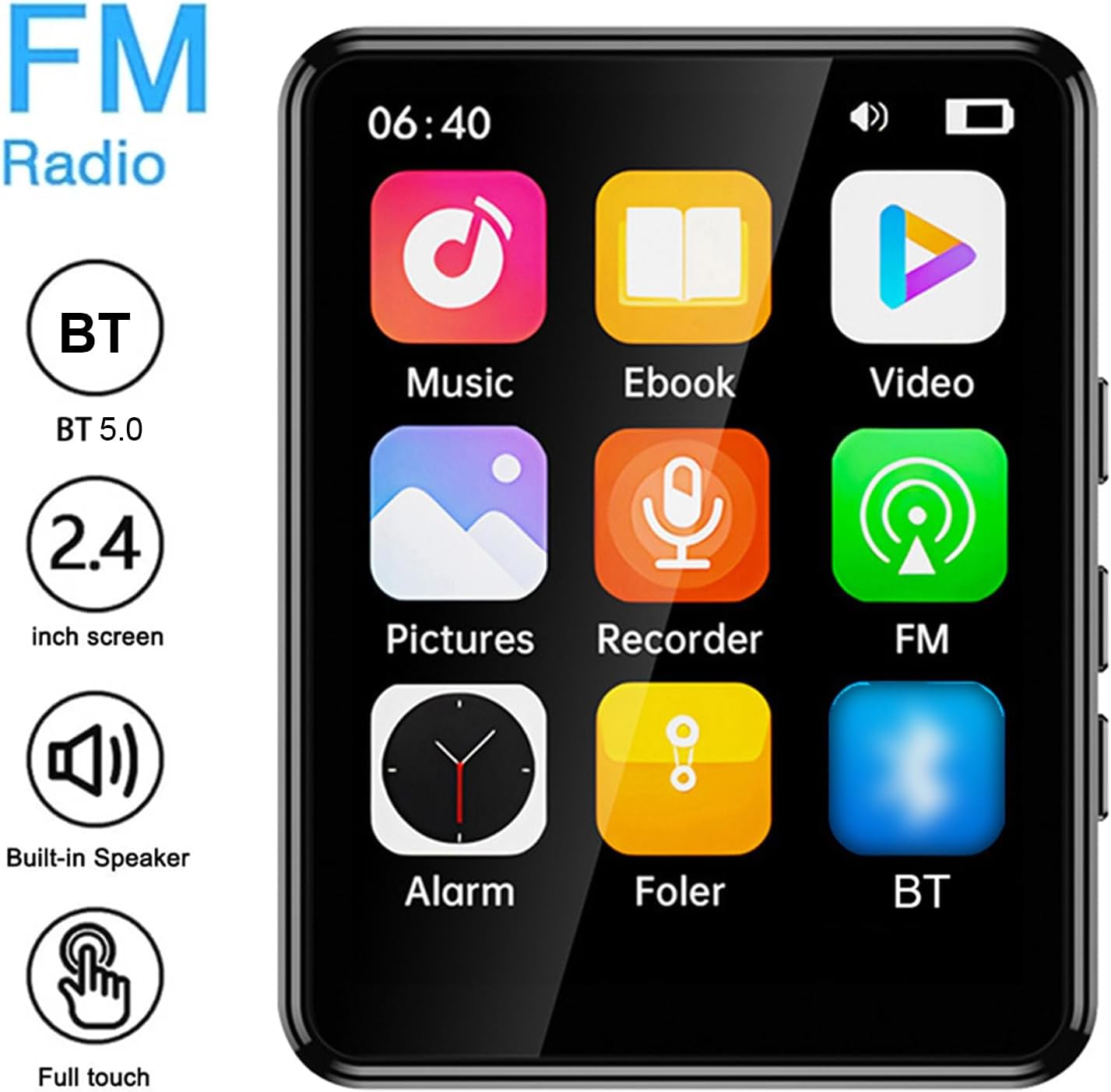 Docooler MP3 MP4 2.4 Inch MP3 Player with Speaker Full Touch Screen BT with Built in Speaker and TF Card Expansion