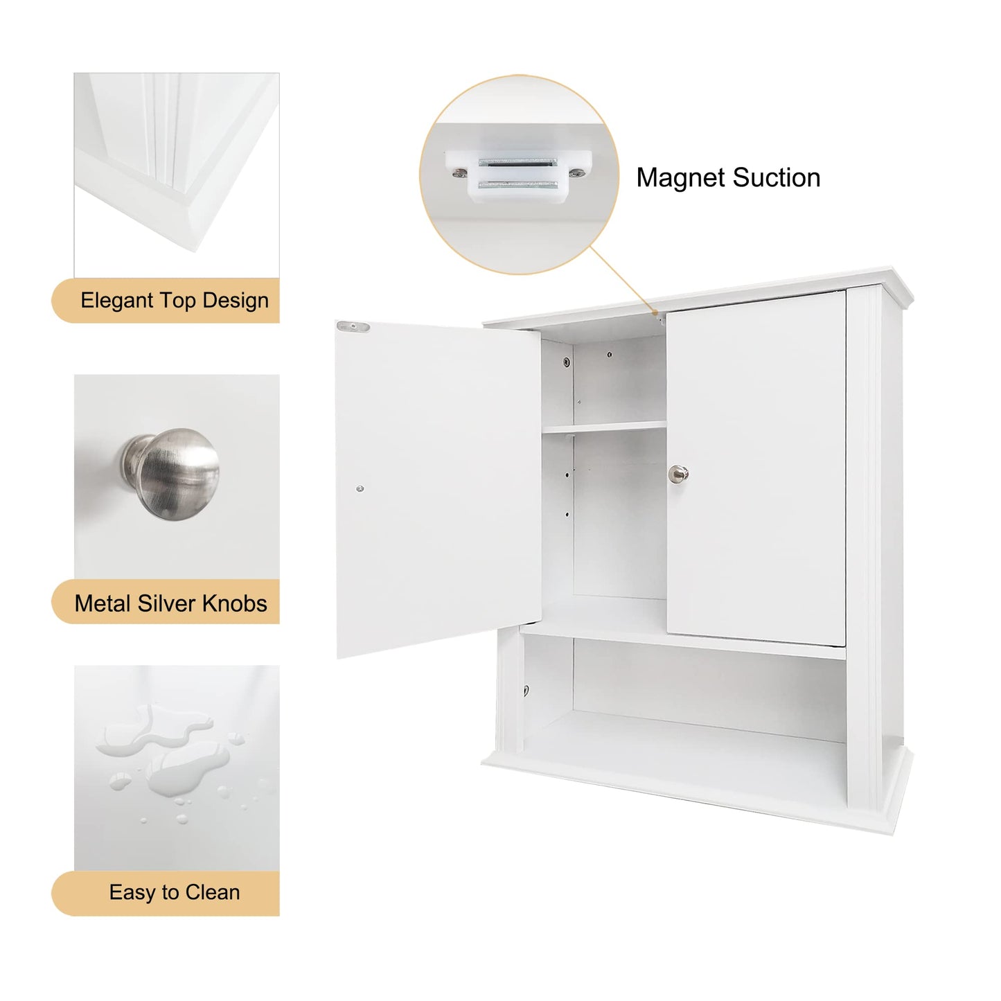 White Bathroom Wall Cabinet, Over the Toilet Storage Cabinet, Bathroom Cabinet Wall Mount, 2 Doors & Hooks, Medicine Cabinet Organizer, Hanging Wall Cabinet Cupboard for Kitchen Laundry Room White