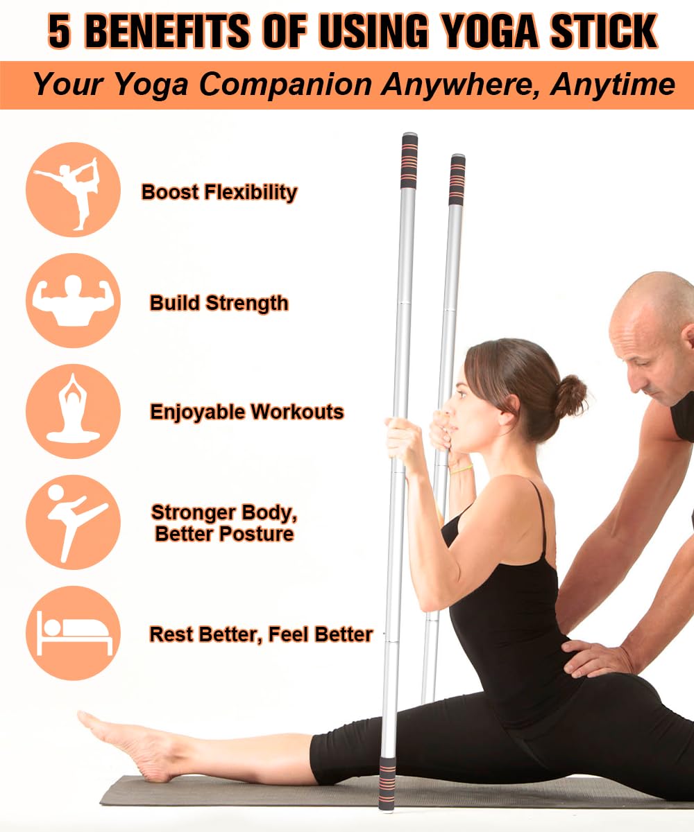 Queension 5 ft Yoga Stick Sturdy Steel, Portable Mobility Stick with Non-Slip Handle for Posture Correction, Balance, Physical Therapy, Exercise Stick with 4 Steel Rods for Stretching, Flexibility