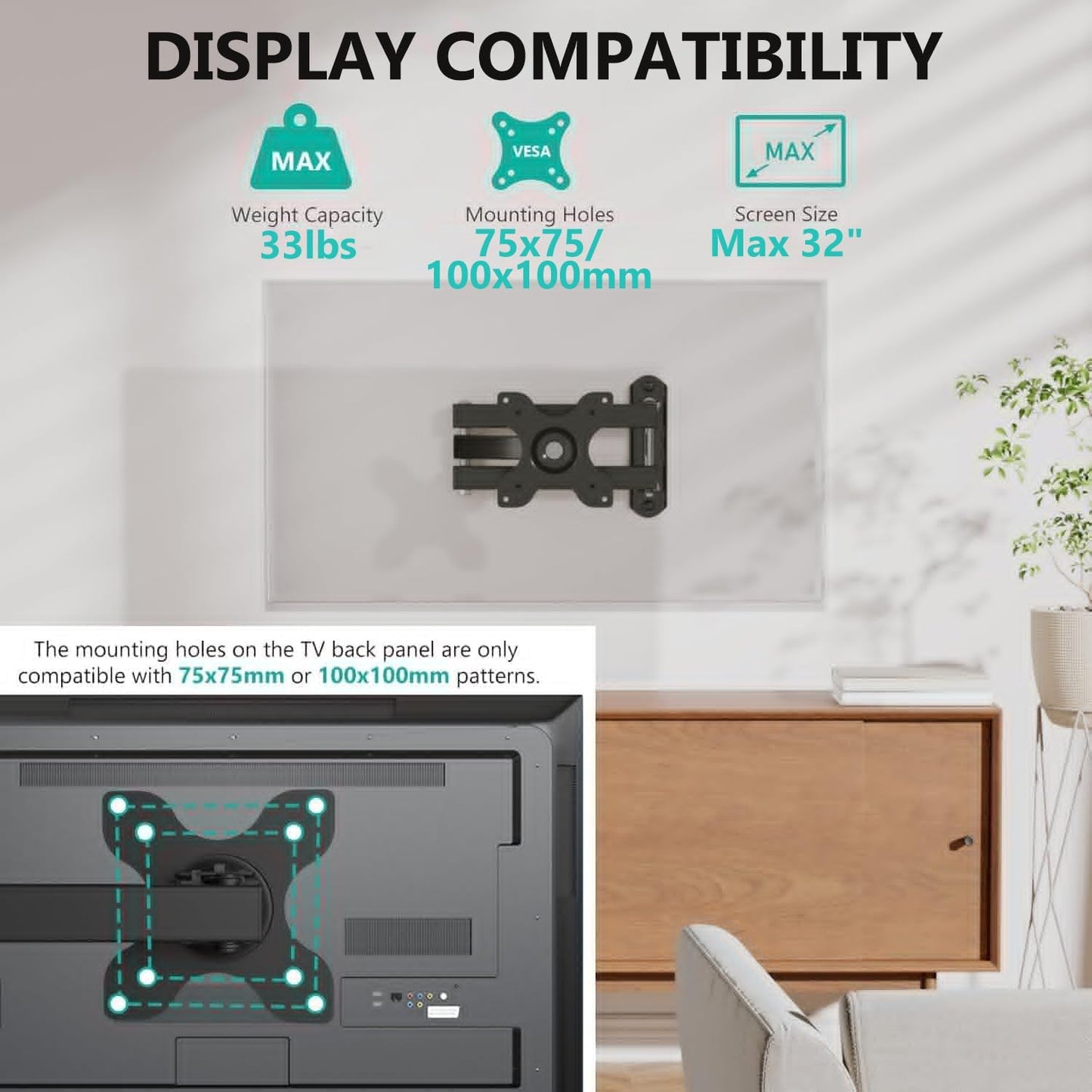 WALI 15 inch 13 32 inch 100x100mm (1330LM), TV Wall Mount Articulating LCD Monitor Full Motion Extension Arm Tilt