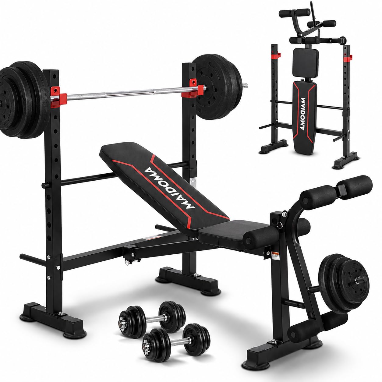 MAIDOMA 750LBS Standard Weight Bench Set with Leg Extension and Leg Curl, Adjustable Bench Press with Squat Rack, Foldable Flat Incline Decline Workout Bench Set for Home Gym.（US Stock）