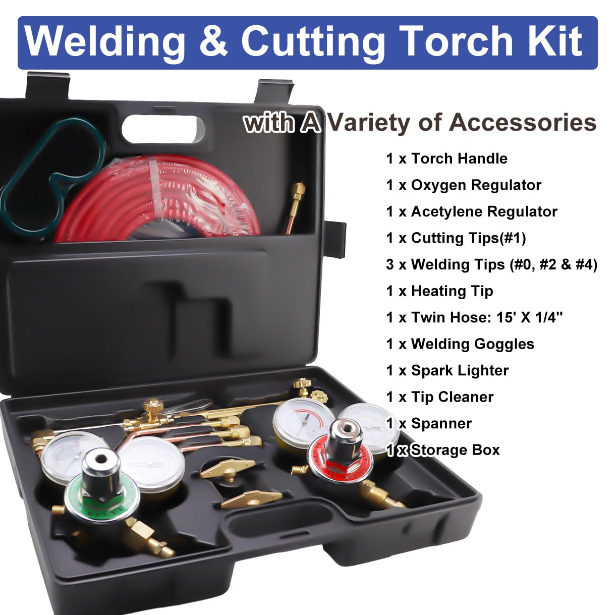 Cutting Torch Set Oxy Acetylene Torch Kit,Portable Gas Cutting Torch and Welding Kit with HeatingTip, Acetylene Oxygen Gas Regulator Twin Gas Hose Welding Glasses