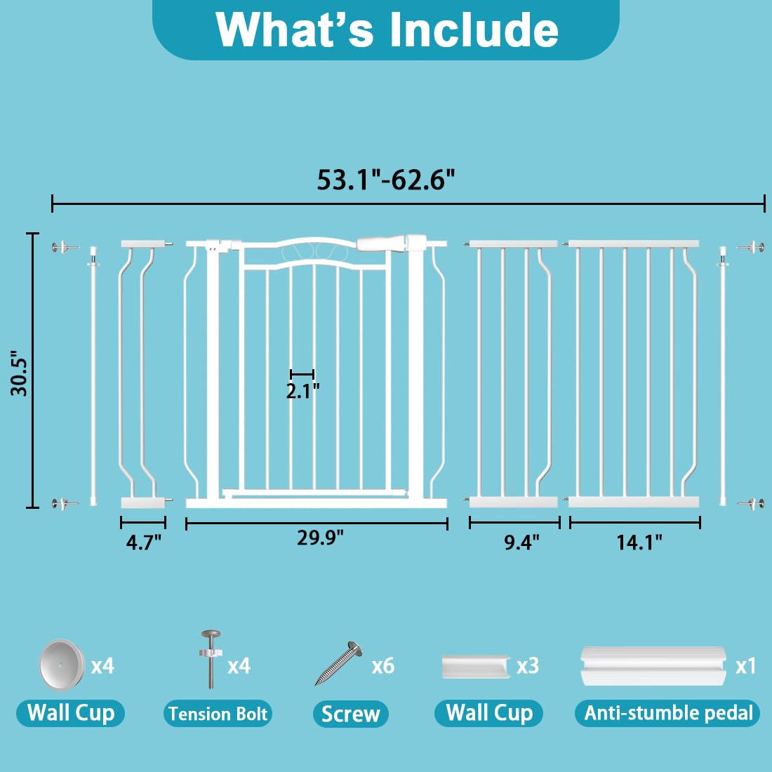 THEYFIRST Extra Wide Baby Gate for Doorways 53.1"-62.6", Pressure Mounted Dog Gates With Door, Child Safety Barrier Walk Thru Indoor, Large Babygate Long for Kids Toddler Pet Outside, 30 In Tall White