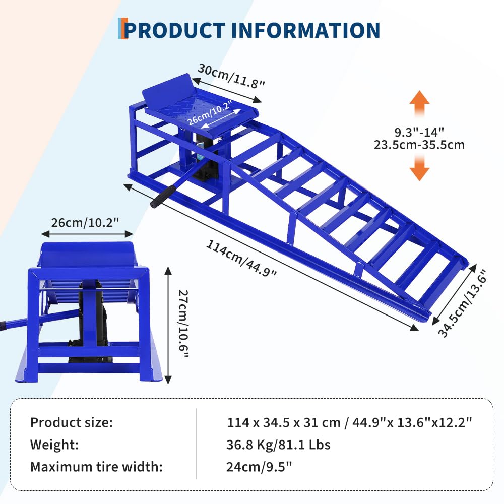 2PCS Hydraulic Car and Truck Service Ramps,11023 LBS (5 T) Capacity, Portable Lifts Ramps for Oil Changes, Adjustable Lift Height 9.8 in to 16.21 in, Home Garage,Vehicle Auto Garage Repair (Blue 5 T)