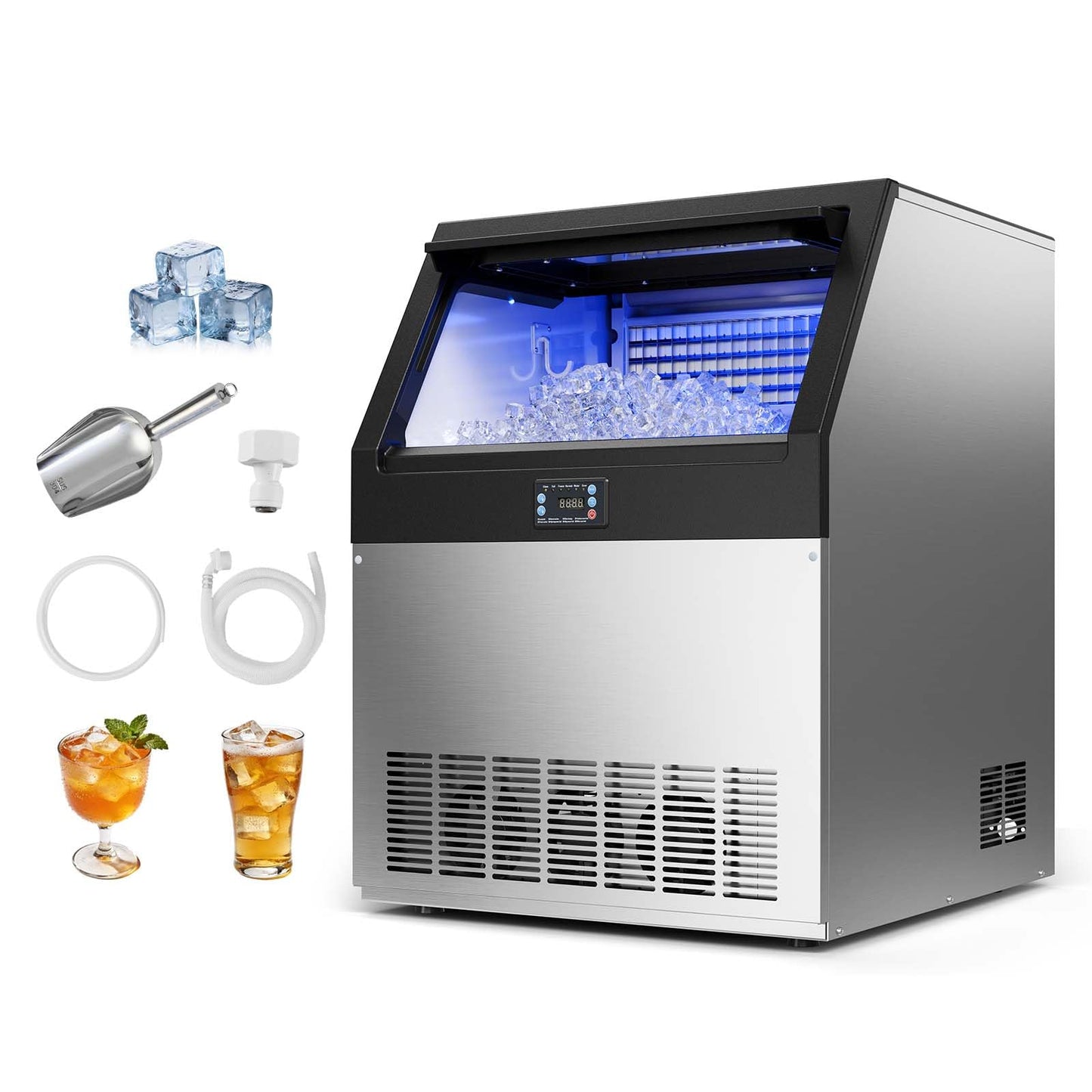 VEVOR Commercial Ice Maker Machine, 265 lbs/24h with 85 lbs Storage Capacity, Built-in/Freestanding/Under Counter, Stainless Steel Ice Maker with LED Display & Self-Cleaning, for Home Bar Restaurant