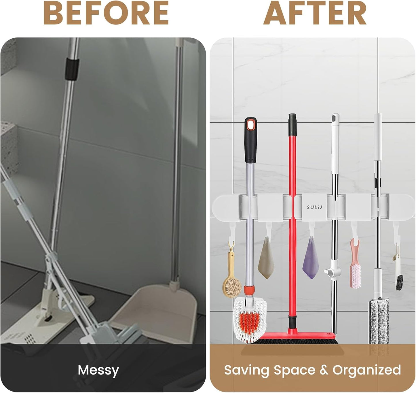 Skiennix Broom Holder Wall Mount - No-Drilling Self-Adhesive Storage Rack with Hooks | 2 Pcs, White