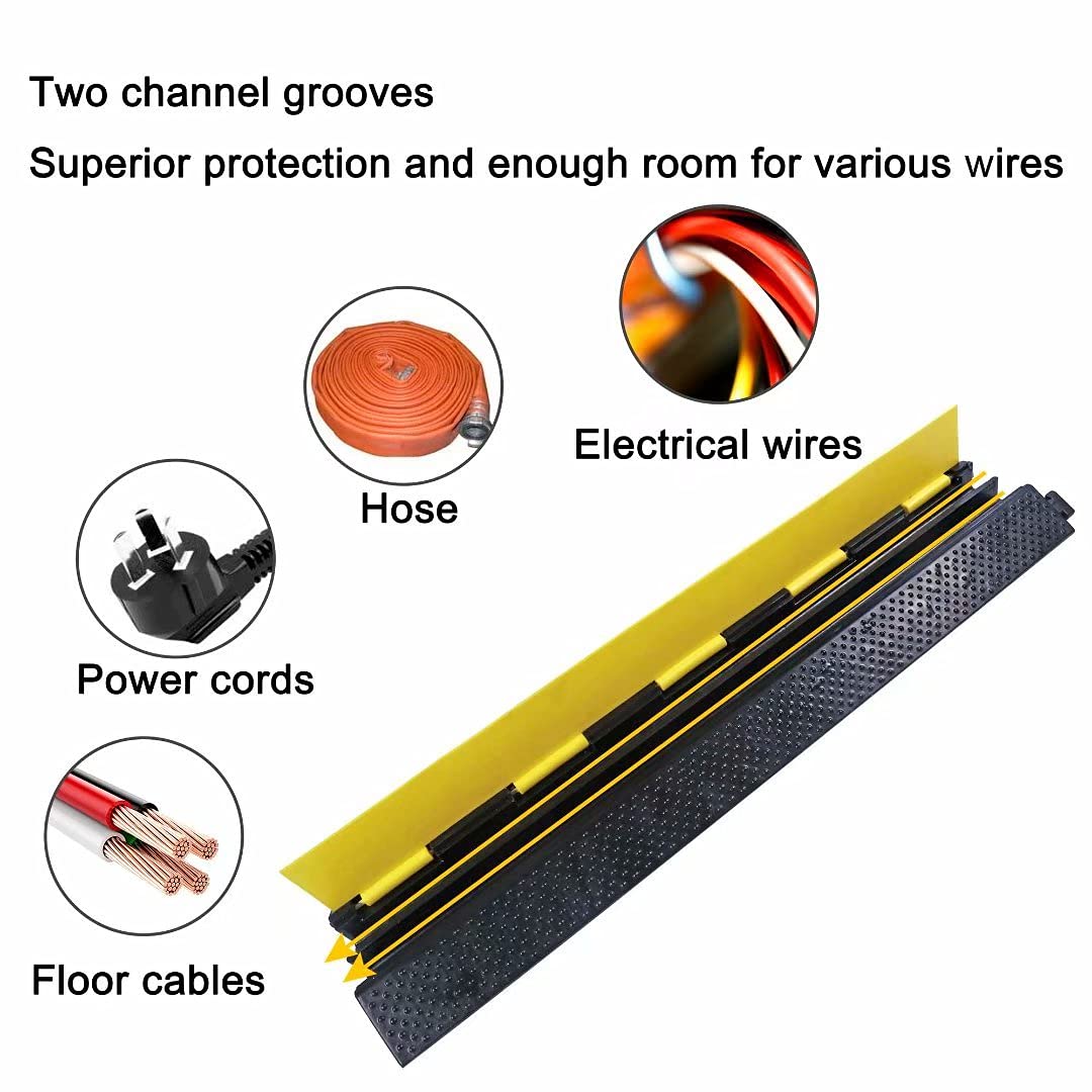 YONSHENG Rubber Cable Ramp Cord Cover Cable Protector Ramps Wire Hose Protective 2 Channel 22000Lbs Load Capacity Traffic Speed Bump for Asphalt Concrete Gravel Driveway Indoor Outdoor, 4 Pack