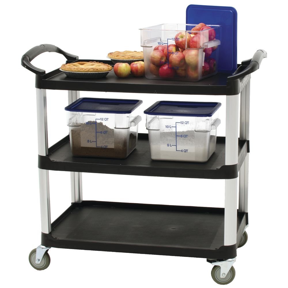 HUBERT Commercial Plastic Utiltiy Cart, 3-Shelf Mobile Bussing and Transport Cart, Knocked Down, 200 lb. Weight Capacity