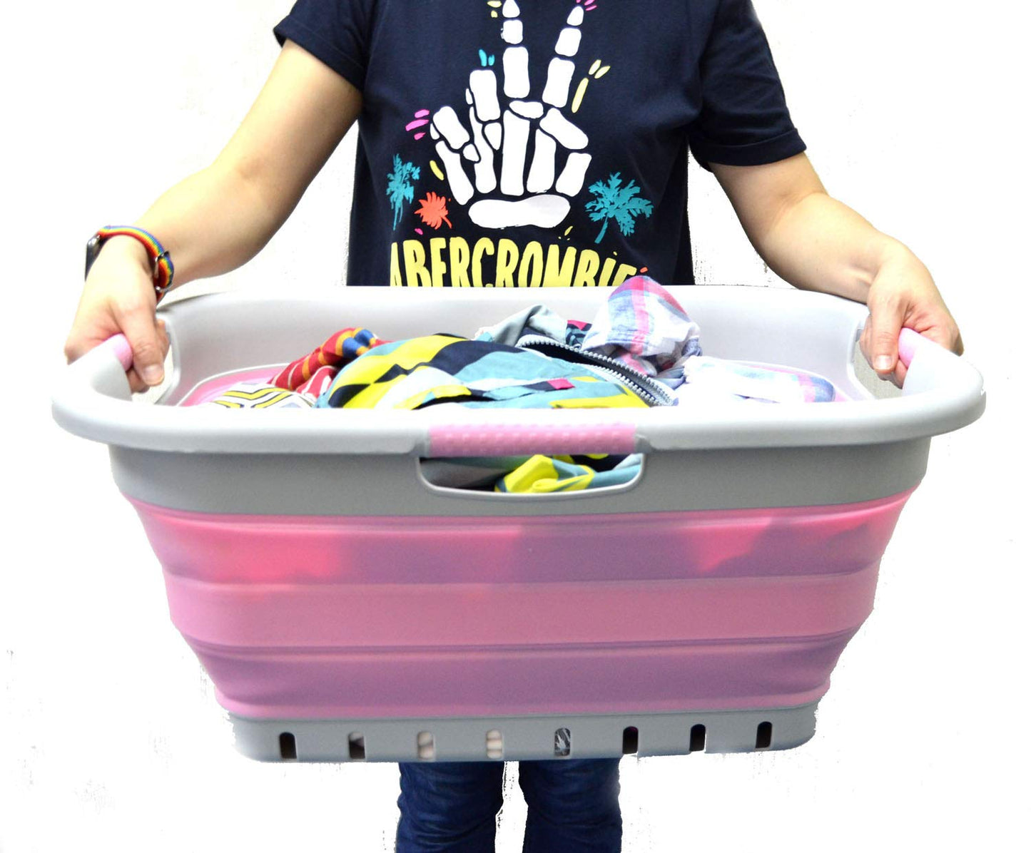 SAMMART 41L (10.8 gallon) Set of 2 Collapsible 3 Handled Plastic Laundry Basket-Foldable Pop Up Storage Container/Organizer-Space Saving Hamper/Basket (2, Grey/Pink)
