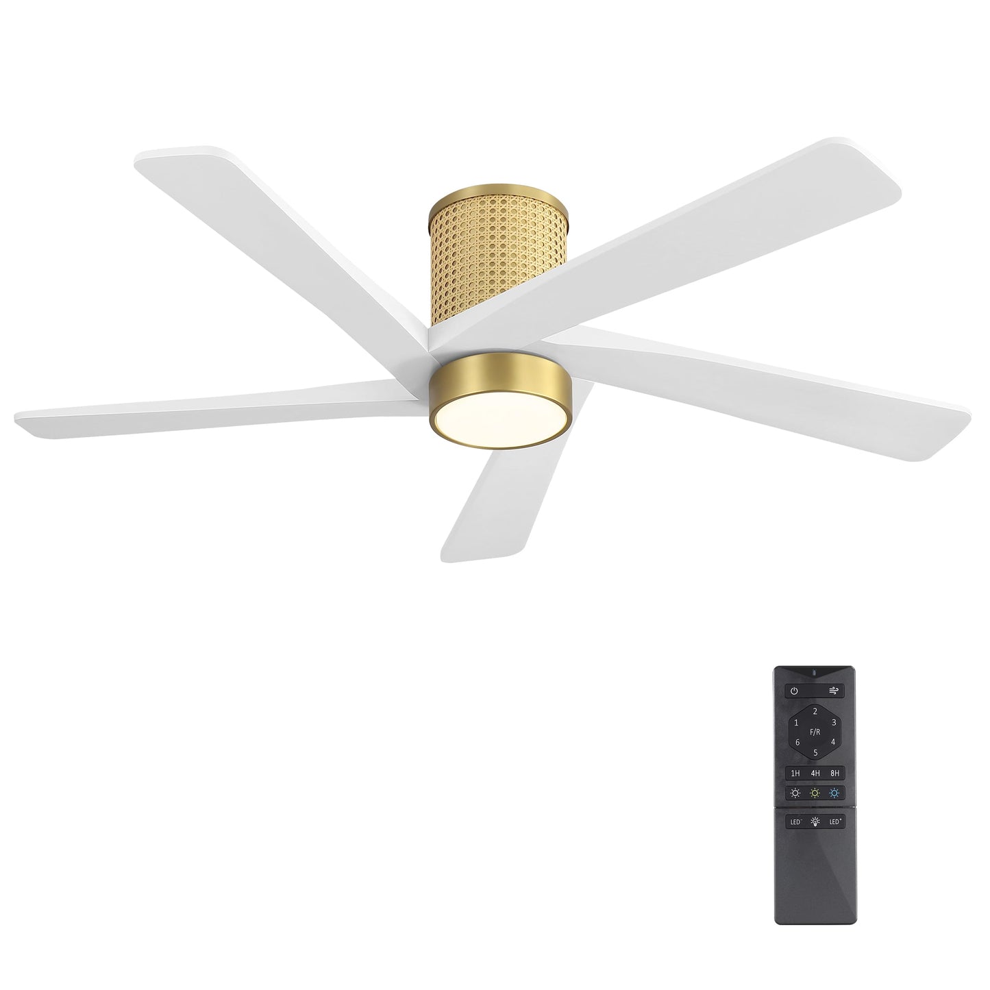 WINGBO 48 Inch Flush Mount Rattan Ceiling Fan, 3CCT Dimmable Light, 5 Carved Wood Blades, 6-Speed Reversible DC Motor, Modern Ceiling Fans for Indoor, Aged Brass Finish and White Blades