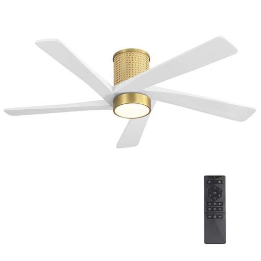 WINGBO 48 Inch Flush Mount Rattan Ceiling Fan, 3CCT Dimmable Light, 5 Carved Wood Blades, 6-Speed Reversible DC Motor, Modern Ceiling Fans for Indoor, Aged Brass Finish and White Blades