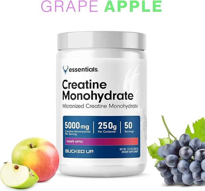 Bucked Up Grape Apple Creatine for Women and Men - Easy to Mix Vegetarian - Flavored Creatine Monohydrate Powder - Made in USA - 5G Per Serving - 50 Servings - 250 Grams Per Container