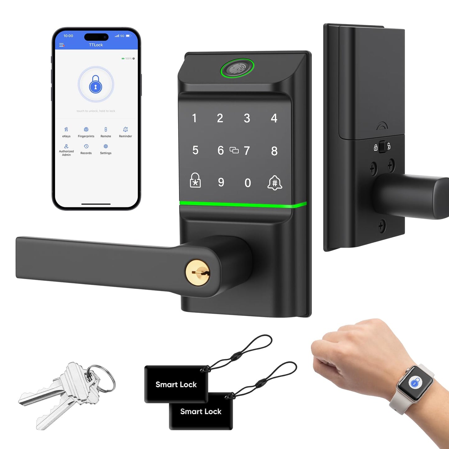 Keypad Smart Door Lock with Handle, Keyless Entry Deadbolt for Front Door, Smart Auto Lock Deadbolt with Phone/Watch App Control, Biometric Fingerprint Gate Handle with 7 Ways to Unlock