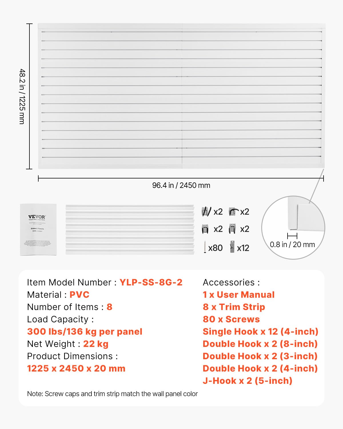 VEVOR Slat Wall Paneling, 8 x 4 ft, PVC Garage Slatwall with Accessories, White Slat Wall Easy-to-Install Adjustable Slatwall Panel with Coupling Structure & DIY Cutting, Fits for Storage & Display