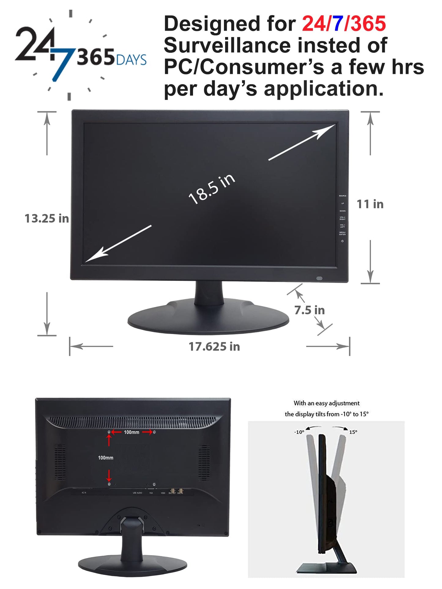 1stPV Precision 18.5" Scaled 4K Security LED Monitor, Super Sampling Anti-Aliasing (SSAA) for Ultra-Smooth, Pixel-Perfect Detail, HDMI Scaled 4K/8MP, BNC In/Out, VGA, Ideal for DVR 24/7 Surveillance