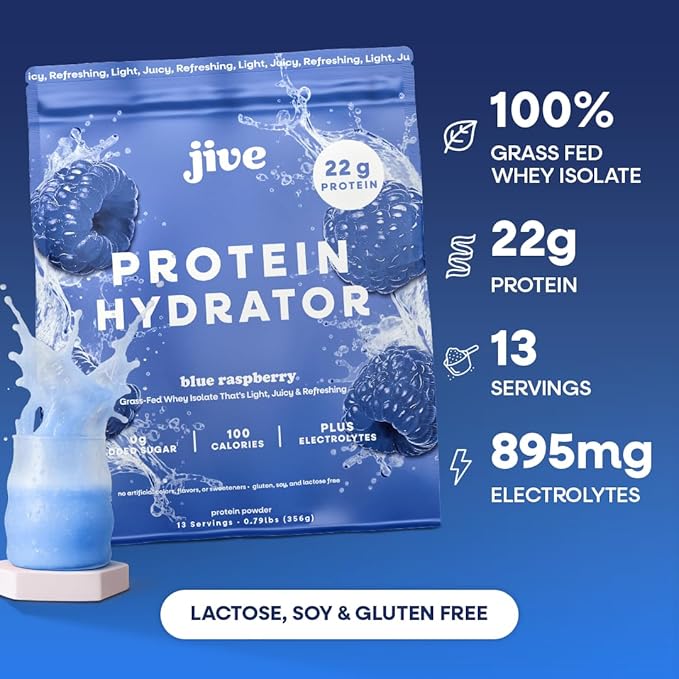 Jive Clear Protein Powder - 22g Grass-Fed Whey Isolate, 13 Servings - Blue Raspberry - 895mg of Electrolytes - Zero Added Sugar - Clear Drink Protein Water & Juice